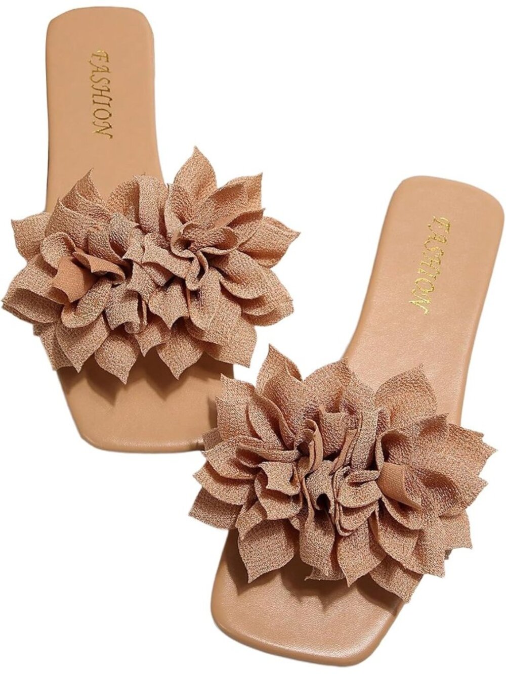 Women's Apricot 3D Floral Square Open Toe Single Band Casual Slip on Flats Slide